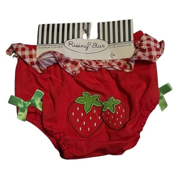 Rising Star Strawberry Diaper Cover 0 - 12 Months Baby Shower Gift Red Bow NEW - Picture 1 of 5